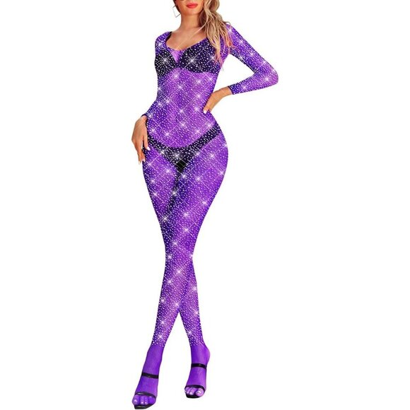 🆕Women Purple Classic Fishnet Body Stocking Lingerie Sparkle Stocking One Piece - Picture 1 of 3
